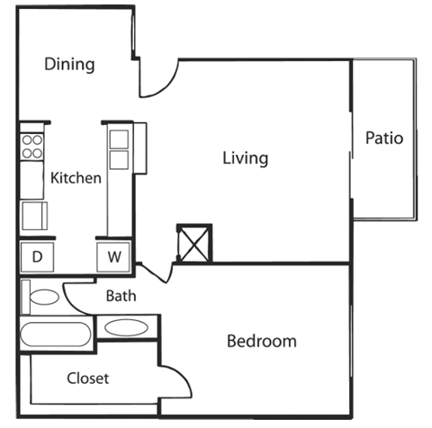 Floor plan for 1 bed, 1 bath, 665 sqft